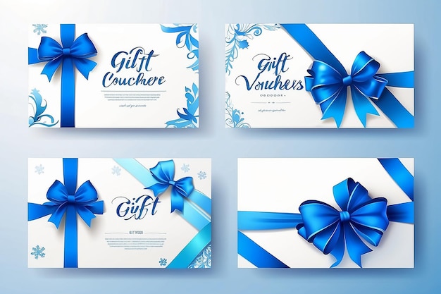 Buoni regalo vettoriali con nastri a fiocco sullo sfondo bianco e blu Carte o striscioni creativi per le vacanze