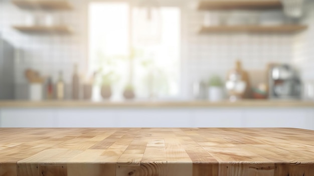 Buono tavolo in legno vuoto e bordi sfocati bokeh cucina moderna interno backgr AI generativa