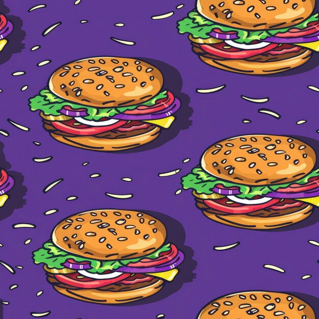 Burger a disegno senza cuciture su sfondo viola