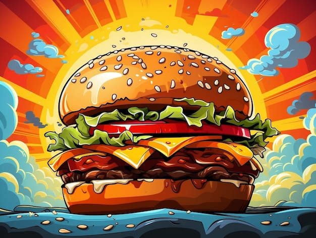 Burger al formaggio in stile cartone animato su uno sfondo retro pop art colorato