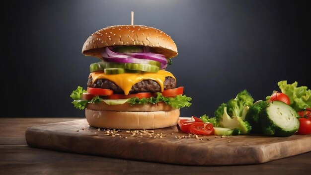 Burger al formaggio perfetto con verdure su tavolo di legno e sfondo nero ai generativo