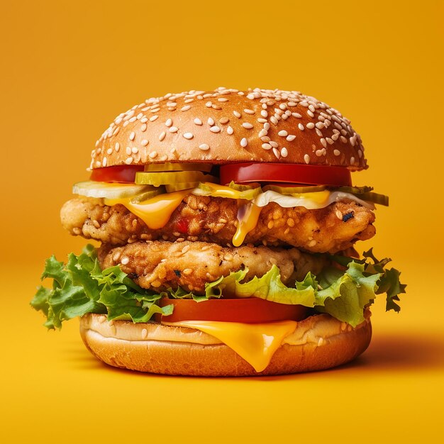 Burger al formaggio renderizzato in 3D con pollo e verdure su sfondo giallo