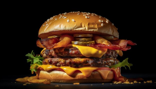 Burger alla griglia con formaggio, pomodoro e cipolla su un panino al sesamo generato dall'intelligenza artificiale