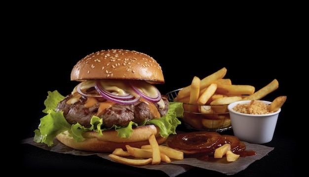 Burger alla griglia con patatine al formaggio e cola sul tavolo generato dall'intelligenza artificiale