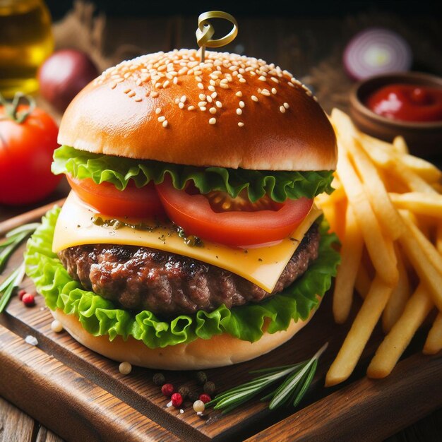 Burger alla griglia con patatine fritte, formaggio e pomodoro.