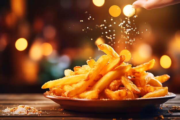 Burger alla griglia con patatine fritte su un tavolo di legno sullo sfondo sfocato