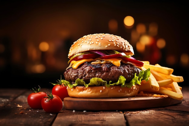 Burger alla griglia con patatine fritte su un tavolo di legno sullo sfondo sfocato