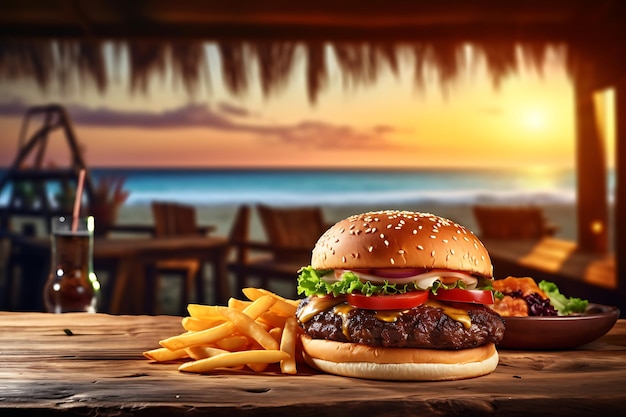 Burger alla griglia con patatine fritte su un tavolo di legno sullo sfondo sfocato