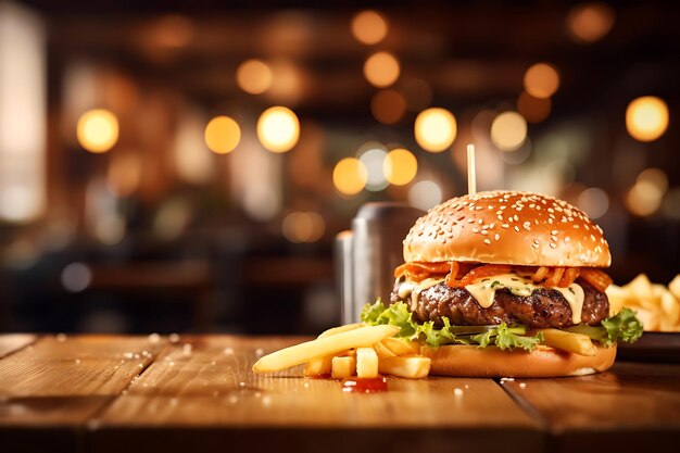 Burger alla griglia con patatine fritte su un tavolo di legno sullo sfondo sfocato