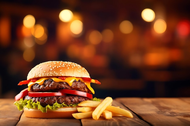 Burger alla griglia con patatine fritte su un tavolo di legno sullo sfondo sfocato