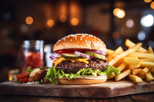 Burger alla griglia con patatine fritte su un tavolo di legno sullo sfondo sfocato