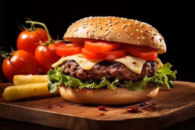 Burger alla griglia di manzo con formaggio, pomodoro e cipolla su un panino fatto in casa