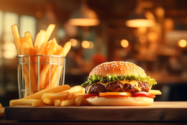 Burger alla griglia e patatine fritte su un tavolo di legno con uno sfondo sfocato
