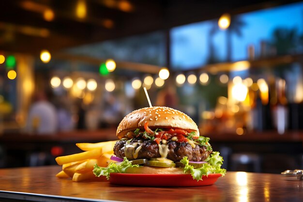 Burger alla griglia e patatine fritte su un tavolo di legno con uno sfondo sfocato