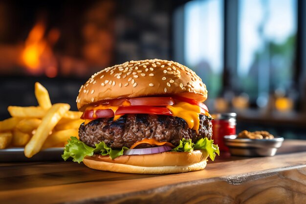 Burger alla griglia e patatine fritte su un tavolo di legno con uno sfondo sfocato