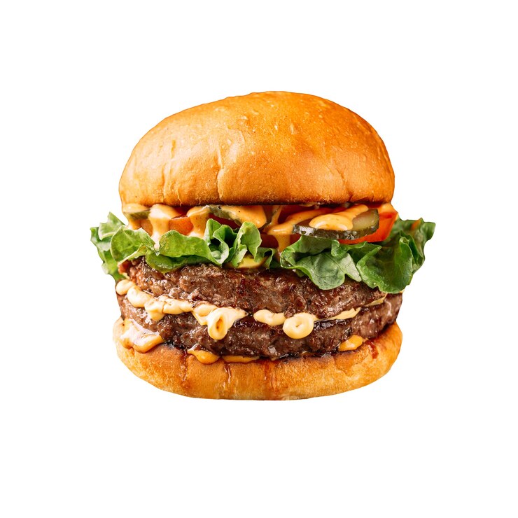 Foto burger americano a doppia patatina isolato alla griglia