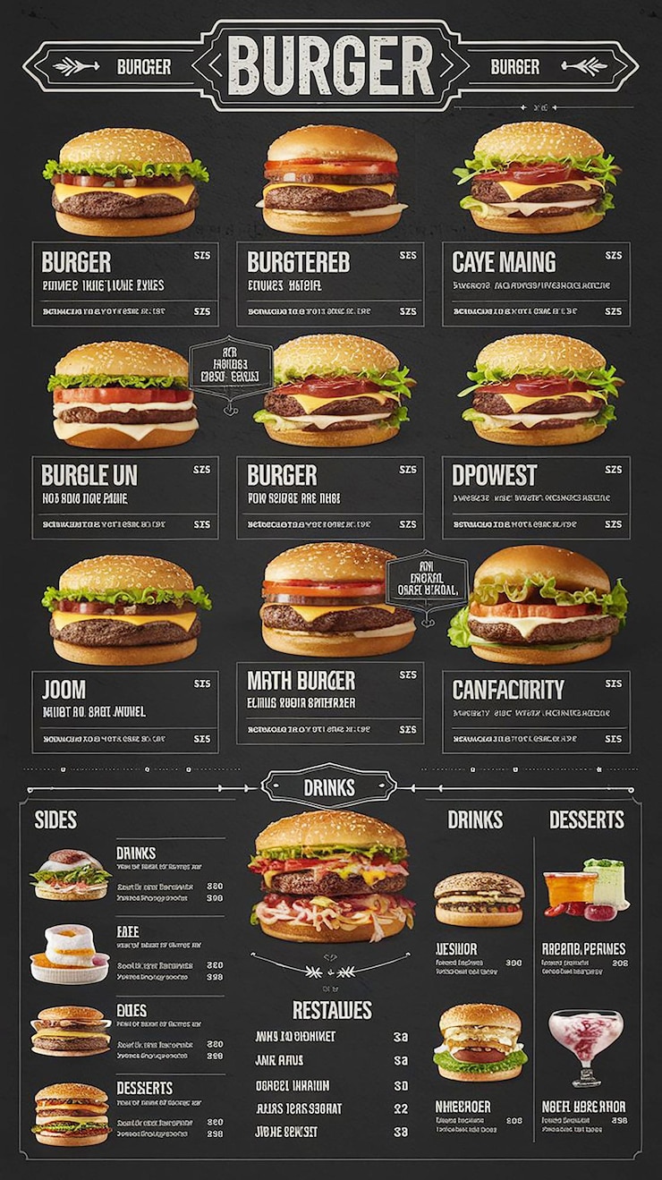 Foto burger bar menu template a4 layout con burger wraps patatine fritte e bevande