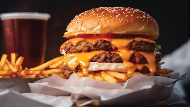 Burger con carne, cotolette, pomodori, lattuga e formaggio un delizioso e premium burger ai