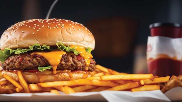 Burger con carne, cotolette, pomodori, lattuga e formaggio un delizioso e premium burger ai
