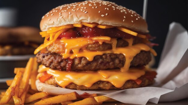 Burger con carne, cotolette, pomodori, lattuga e formaggio un delizioso e premium burger ai