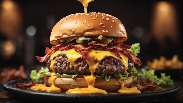 Burger con carne, cotolette, pomodori, lattuga e formaggio un delizioso e premium burger ai