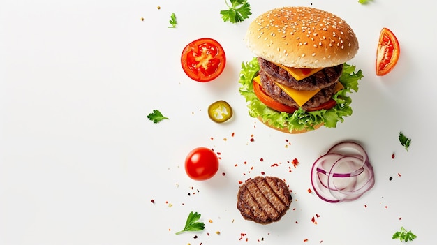 burger con ingredienti volanti su sfondo bianco Generative Ai