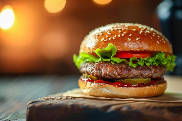 burger con un patty di manzo e una foglia di lattuga e una sovrapposizione professionale sul foco