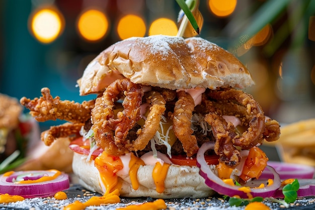 Burger Delight Sandwich irresistibili presentati su uno sfondo vibrante