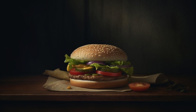 Burger di manzo alla griglia su un panino di sesamo rustico generato dall'AI