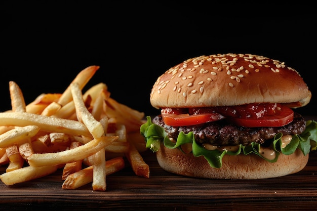 Burger di manzo artigianale e patatine fritte su tavolo di legno isolato