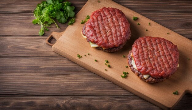 Burger di manzo macinato fatti a mano su un vecchio tavolo di legno