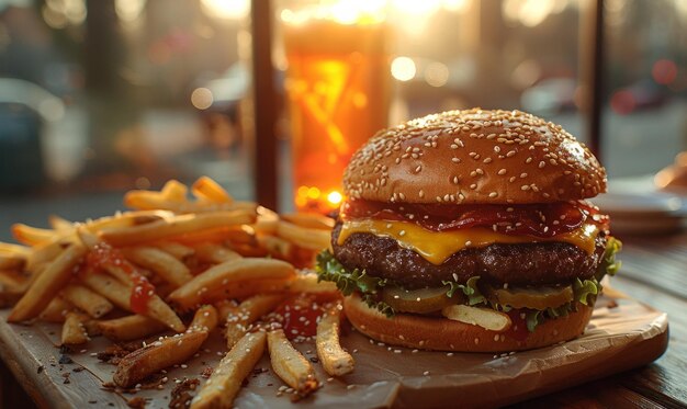 Burger e patatine fritte su un tavolo di legno con birra.