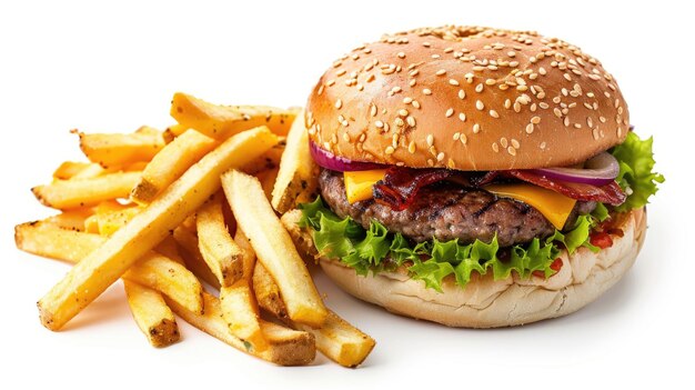 Burger e patatine fritte su uno sfondo bianco isolato