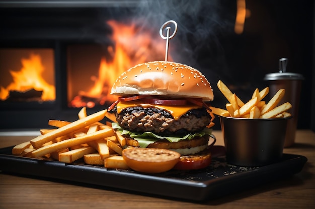 Burger Fuochi e patatine fritte e servito su un piatto