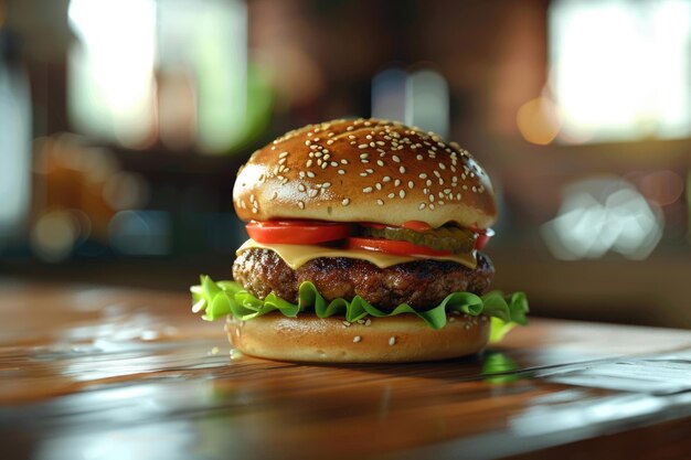 Burger gustoso fatto in casa su un tavolo di legno