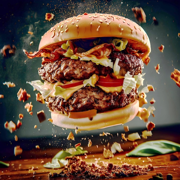 Burger in caduta che vola con sprinkle Immagine di alta qualità generata dall'AI