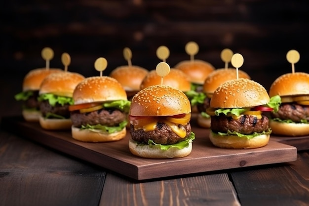 Burger mini hamburger snack su un tavolo di legno con carta artigianale banchetto di catering splendidamente decorato