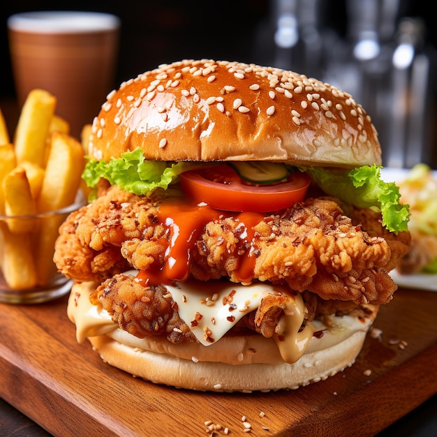 Burger piccante e ardente con patatine fritte condite con verdure pomodori ketchup delizioso AI