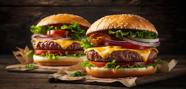 Burger preparati con carne di manzo, pomodoro, formaggio, pancetta e lattuga cotti alla perfezione