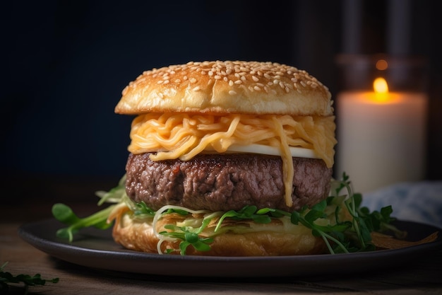 Burger Ramen con un panino morbido, una salata di manzo succosa e un sapore salato di zuppa di miso