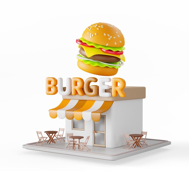 Burger ristorante edificio fast food caffè con tavoli e sedie in strada Isometrico 3d rendering mockup di piccola azienda stand per takeaway con hamburger e tetto a righe esterno 3D illustrazione