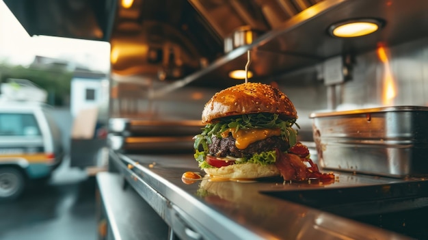burger su uno sfondo del bancone di un camion di cibo