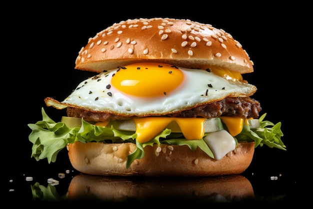 Burger succoso con uova su uno sfondo nero