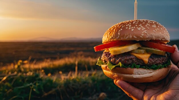 Burger tenuto in mano con un boccone tirato fuori per mostrare la sua succosità al tramonto