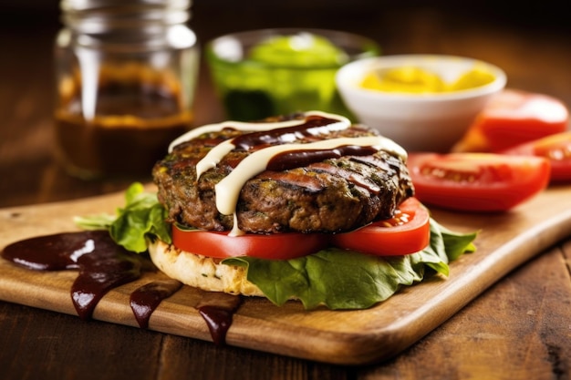 Burger vegetariano alla griglia con una salsa a goccia