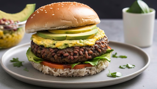 Burger vegetariano fatto con riso e fagioli con uova e avocado