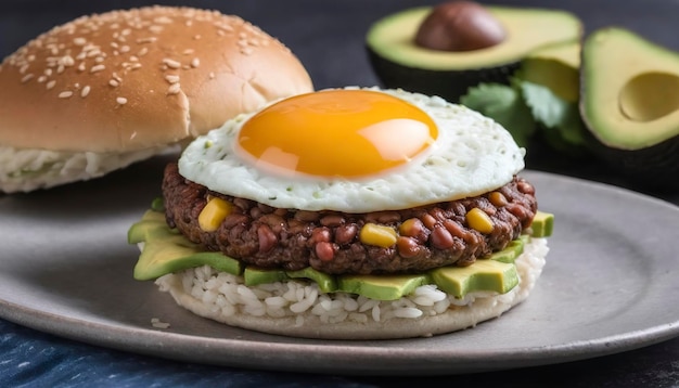 Burger vegetariano fatto con riso e fagioli con uova e avocado