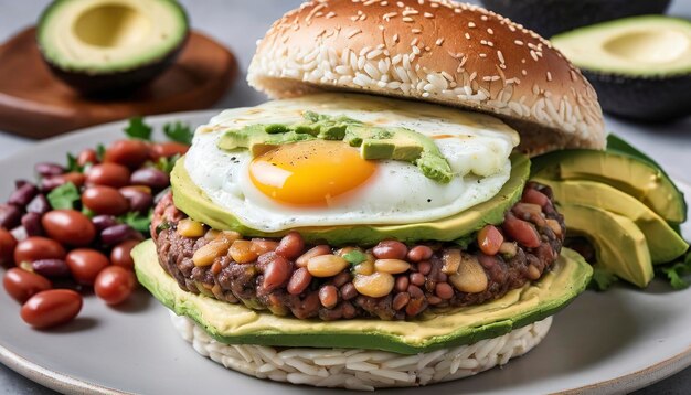 Burger vegetariano fatto con riso e fagioli con uova e avocado