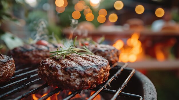 Burgers che bruciano su un mobili da patio a griglia di carbone sullo sfondo