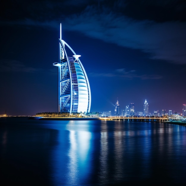 Burj Al Arab con luci blu brillanti nella notte